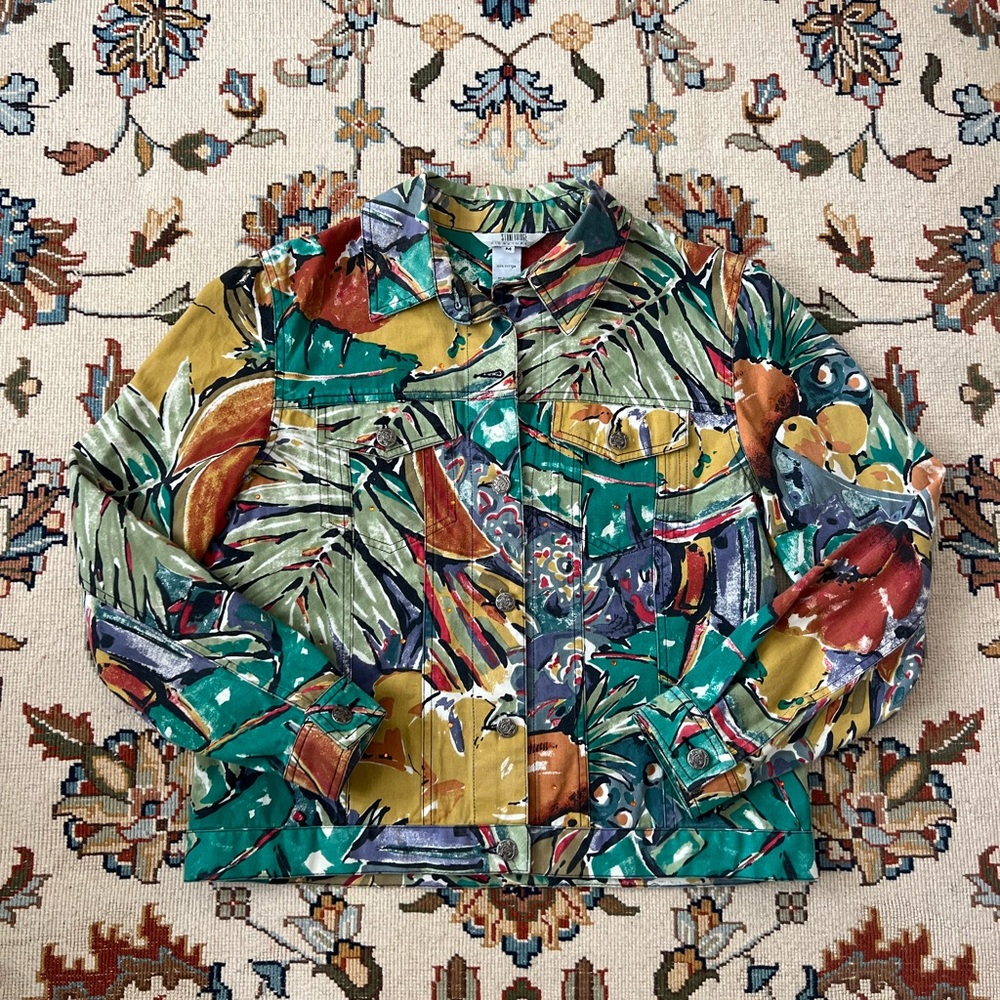 Vintage Denim Cotton Colorful Tropical Print Jacket